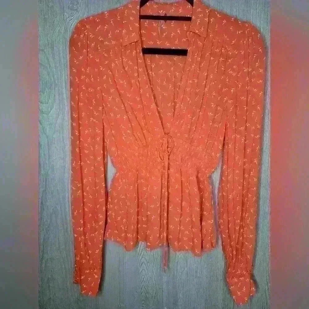 Free‎ People Orange Floral Smocked Waist V-Neck Blouse Long Sleeve XS